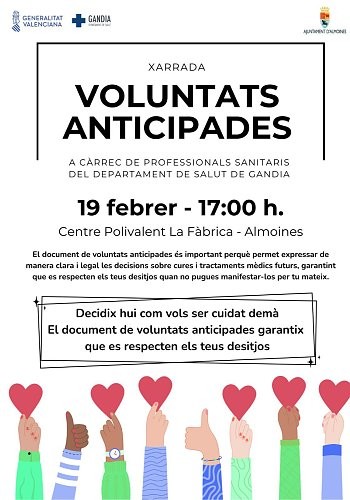 Almoines organiza una charla sobre voluntades anticipadas en el Centre Polivalent La Fábrica