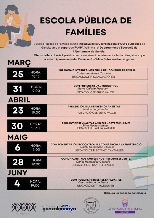 Gandia impulsa talleres gratuitos para familias en la Escola Pública de Famílies