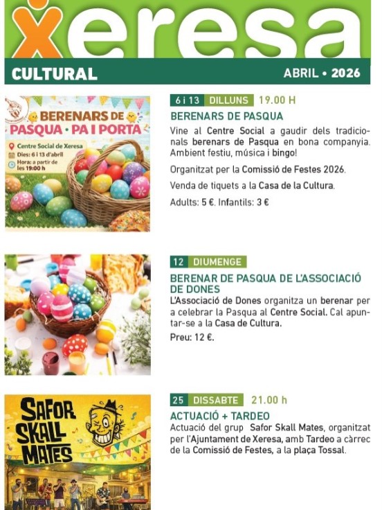 Xeresa presenta su programación cultural de abril con música, gastronomía y ocio