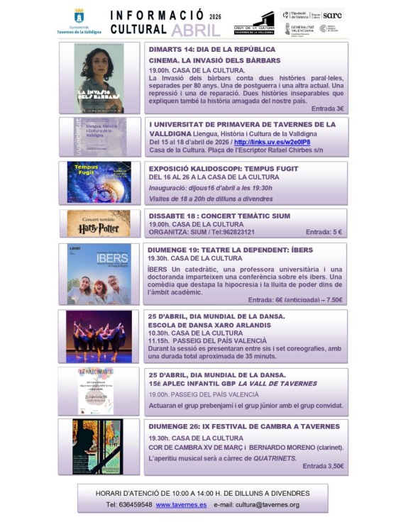 Tavernes de la Valldigna presenta su programación cultural de abril