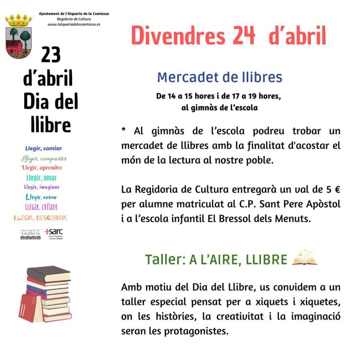 Alqueria de la Comtessa celebra el Día del Libro con mercado y actividades infantiles