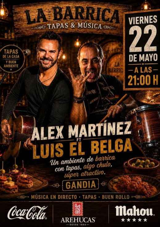 Gandia une música en directo y gastronomía con el concierto de Alex Martínez feat. Luis el Belga en La Barrica