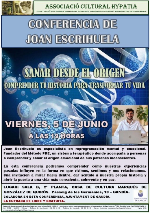 Gandia acoge la conferencia Sanar desde el origen de Joan Escrihuela en la Casa de Cultura