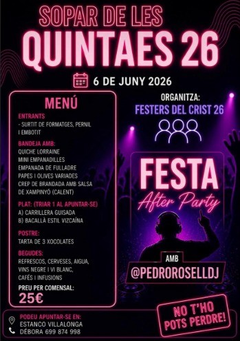 Villalonga celebra la Cena de les Quintaes 26 con gastronomía y música en una noche festiva