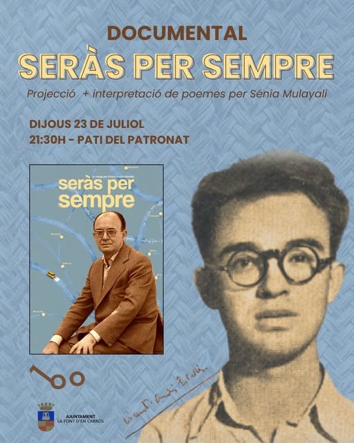 Font d'en Carròs proyectará el documental Estarás para siempre dedicado a la figura de Vicent Andrés Estellés