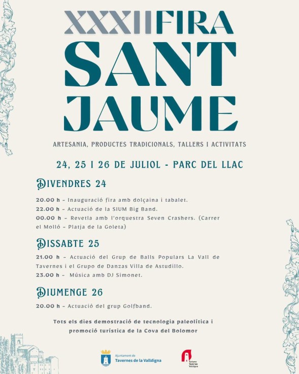 Tavernes de la Valldigna celebrará la XXXII Feria de Sant Jaume con tres días de música, gastronomía y tradición