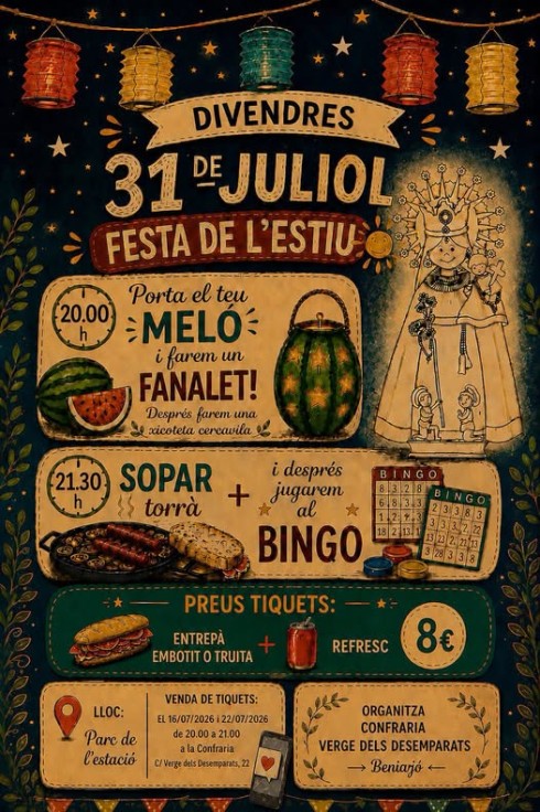 Beniarjó celebrará la Fiesta del Verano con fanalets, pasacalle y una cena popular