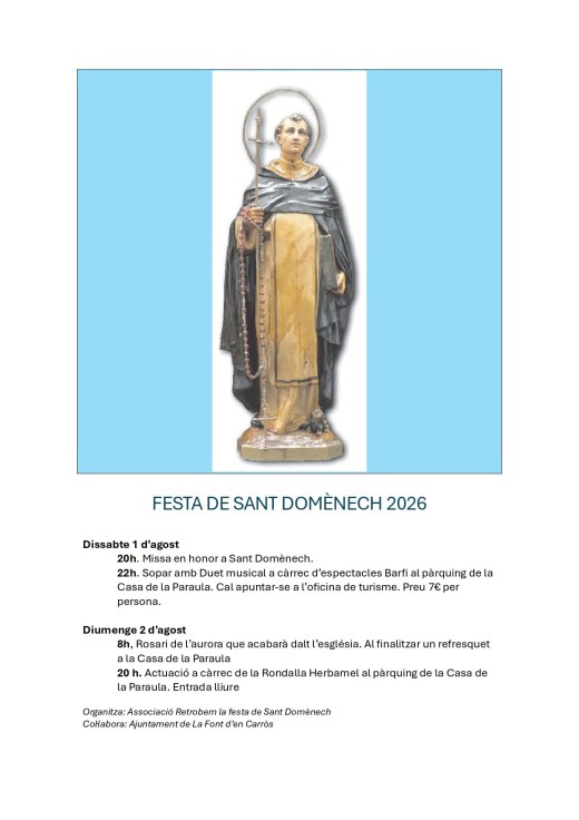 Font d'en Carròs celebra las Fiestas de Sant Domènech los días 1 y 2 de agosto