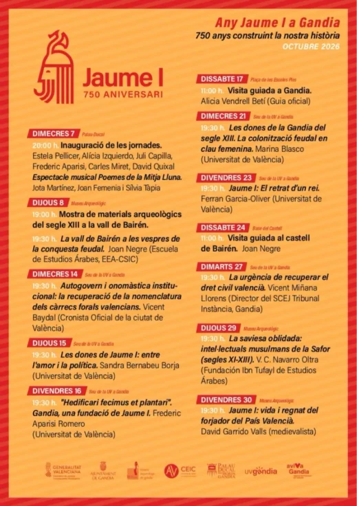 Gandia dedica octubre a Jaume I con un amplio programa cultural y patrimonial