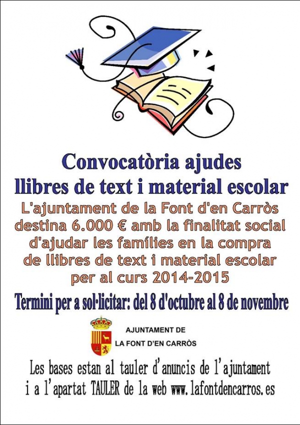 El Ayuntamiento de la Font d’en Carròs abre el plazo para solicitar becas de libros y material escolar