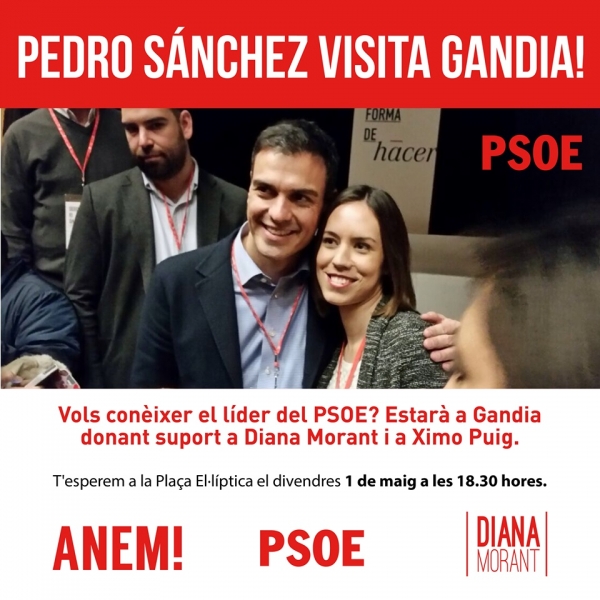 El líder del PSOE, Pedro Sánchez estará en Gandia el 1 de mayo