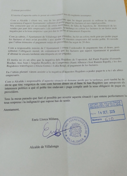 Compromís per Villalonga denuncia que el alcalde no tiene habilidades para gobernar