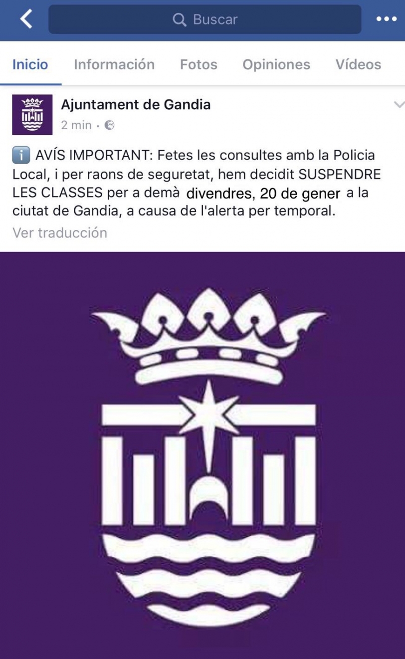 La concejala de Educación confirma que no hay colegio mañana en Gandia