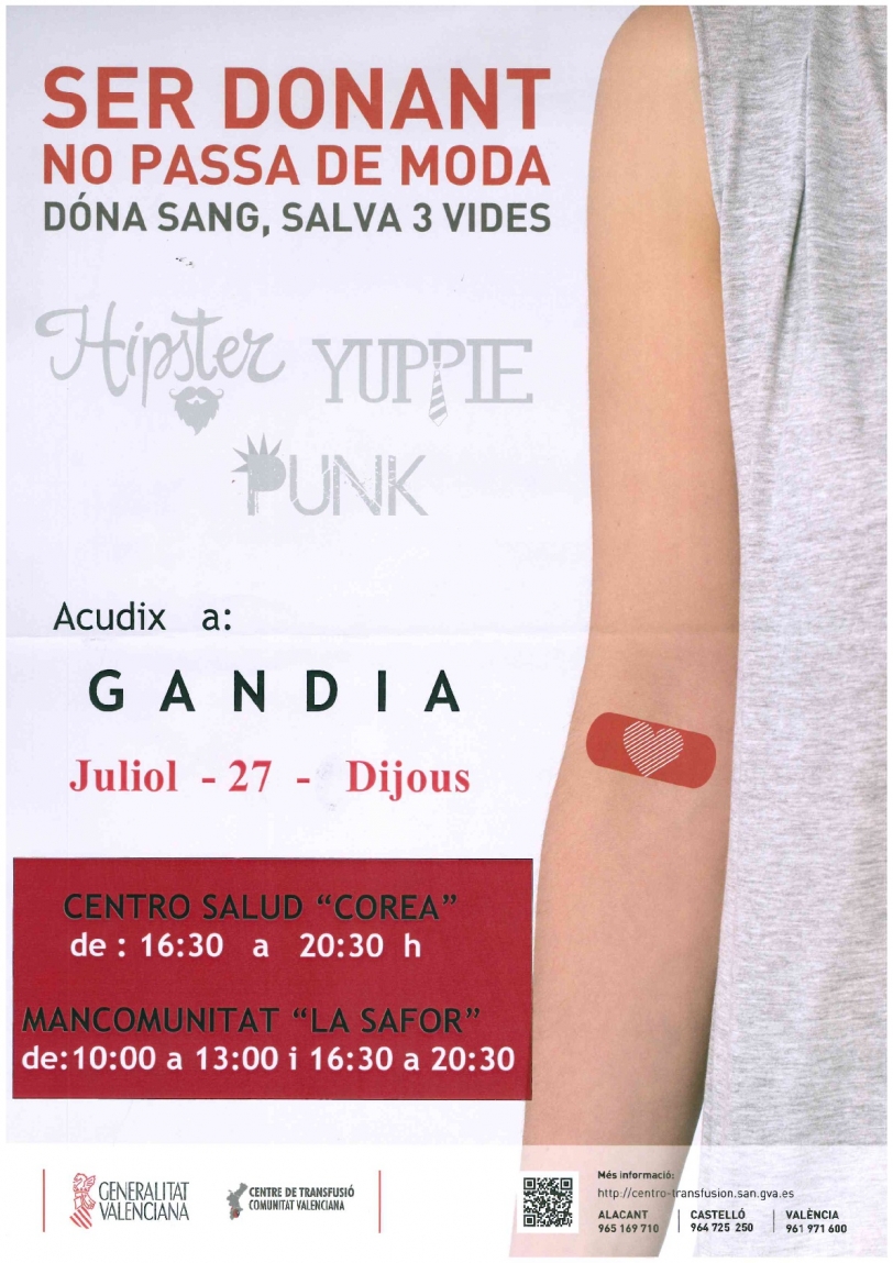 Se podrá donar sangre en Gandía el próximo jueves 27 de julio
