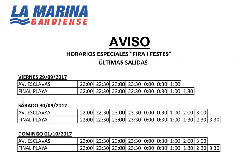 La Marina Gandiense da a conocer los horarios especiales de la Fira