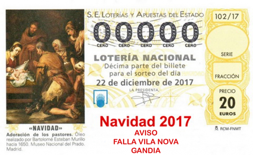 Aviso: Lotería Nacional Falla Vila Nova Gandia Sorteo Navidad 2017