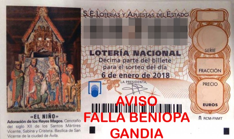 Aviso: Lotería Nacional Falla Beniopa Gandia para el Sorteo del Niño 2018