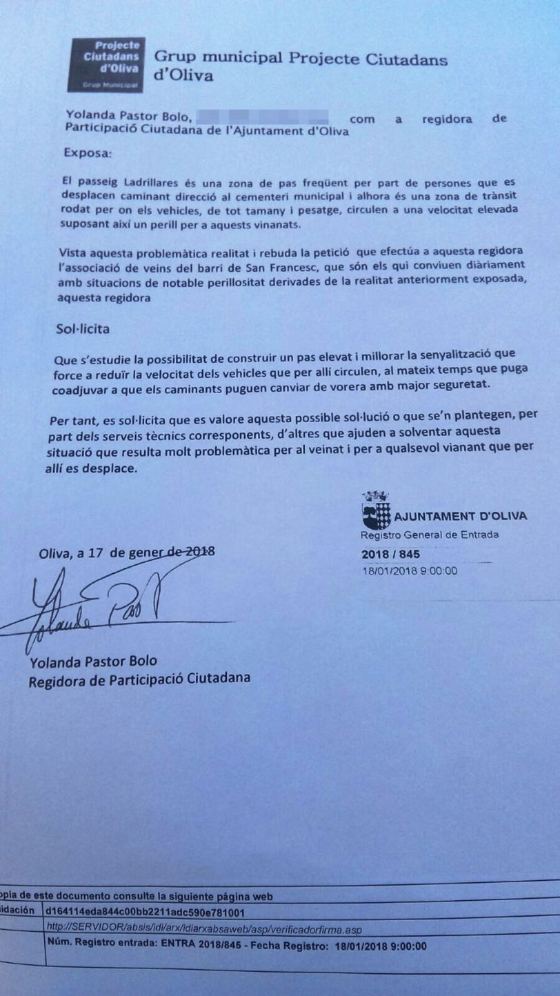 El PP de Oliva denuncia que una edila de Gobierno se autoreclama una obra
