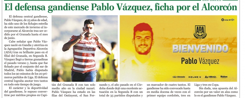 El defensa gandiense Pablo Vázquez, ficha por el Alcorcón