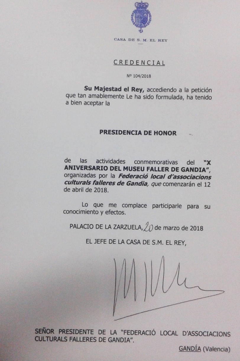 El Rey Felipe VI preside honoríficamente los 10 años del Museu Faller