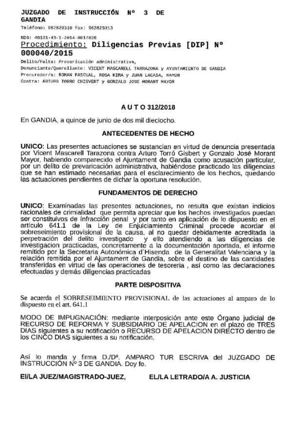 Sobreseída la demanda del Gobierno por las transferencias de Torró en IPG
