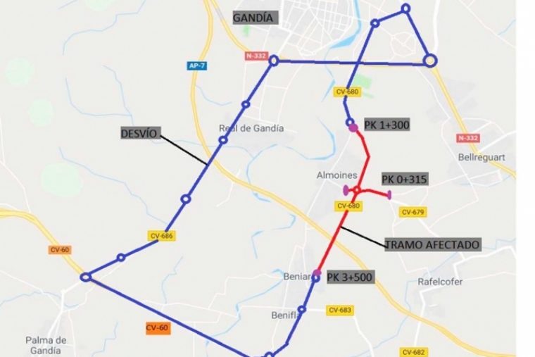 Cortada la Carretera de Beniarjó (CV-680) a la altura de Almoines por obras