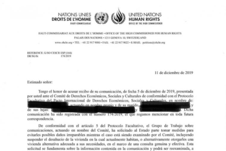 La ONU insta a la suspensión cautelar de un desahucio en Oliva