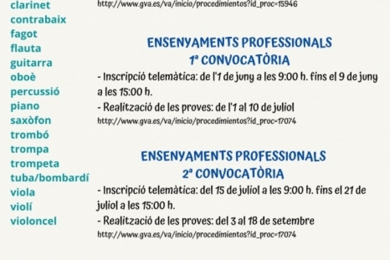 El Conservatorio de Oliva abre las inscripciones a enseñanzas  profesionales