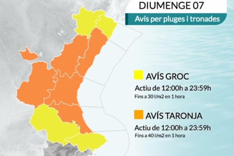Aemet decreta nivel naranja de lluvias para hoy domingo en Gandia y la Safor