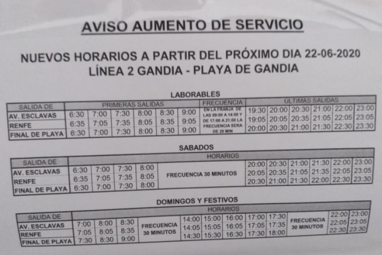Nuevos horarios de La Marina entre Gandia y la playa para este verano