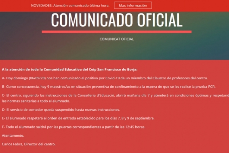 Comunicado del colegio Sant Francesc de Borja de Gandia