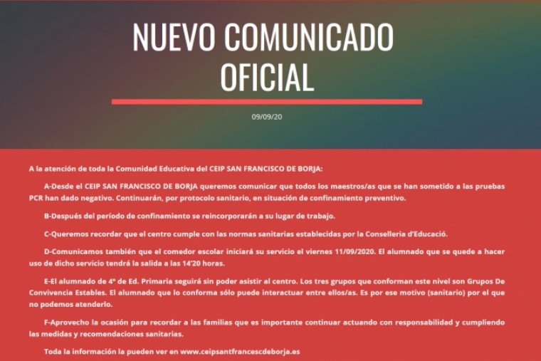 Los profesores del Sant Francesc de Borja en Gandia dan negativo en PCR