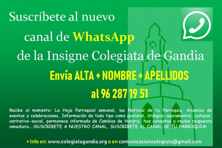 Las actividades de la Colegiata de Gandia en tu móvil a través del WhatsApp