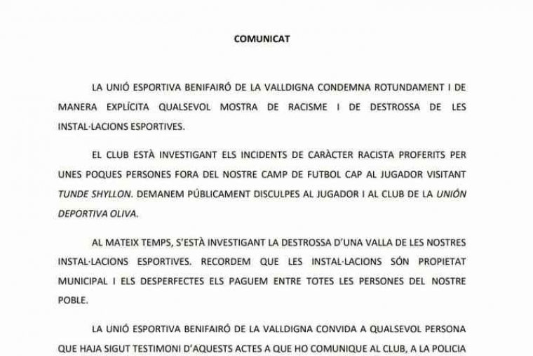 Condena deportiva en Benifairó por insultos racistas a un jugador de Oliva