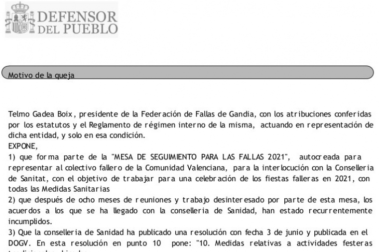 Las Fallas de Gandia piden amparo al Síndic y al Defensor del Pueblo