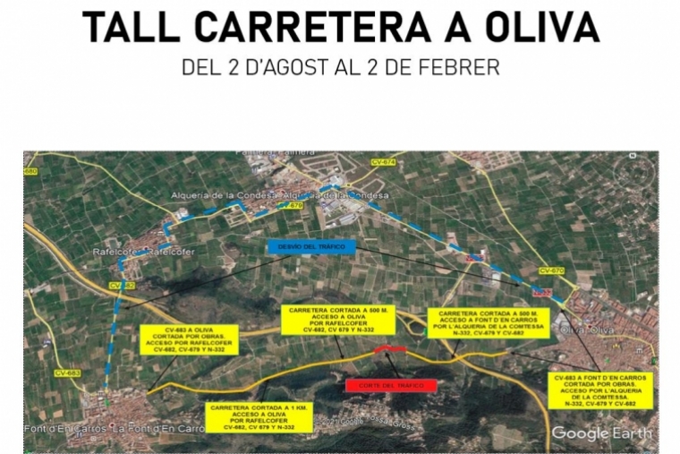Corte de la carretera de La Font a Oliva por obras hasta febrero de 2022