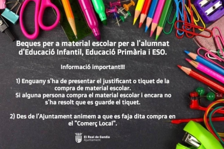 El Real de Gandia abre la convocatoria para las ayudas de material escolar