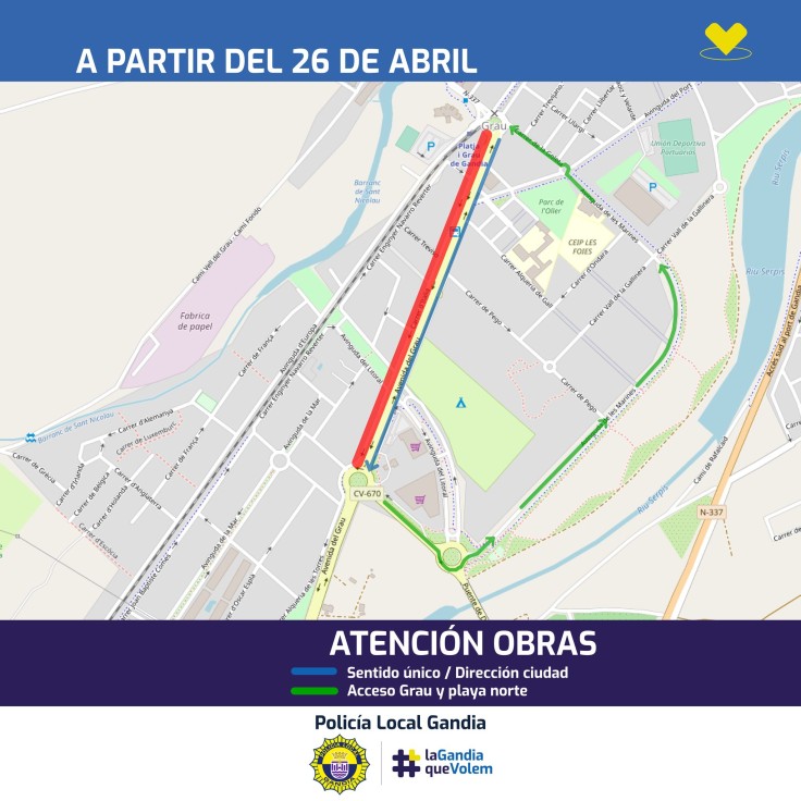 La Policía Local de Gandia informa del corte en la carretera del Gandia-Grau