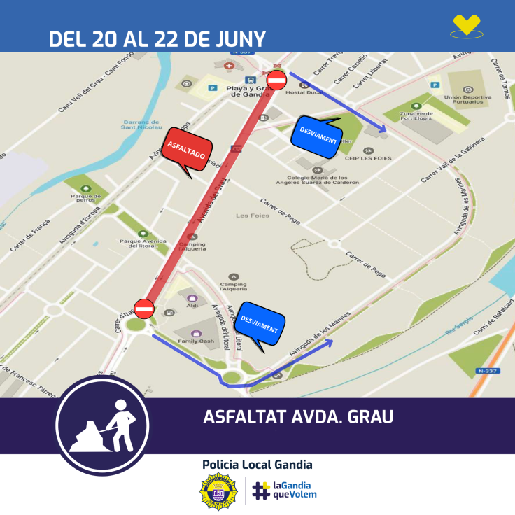 De mañana lunes al miércoles se asfalta el bulevar de la avenida del Grau de Gandia
