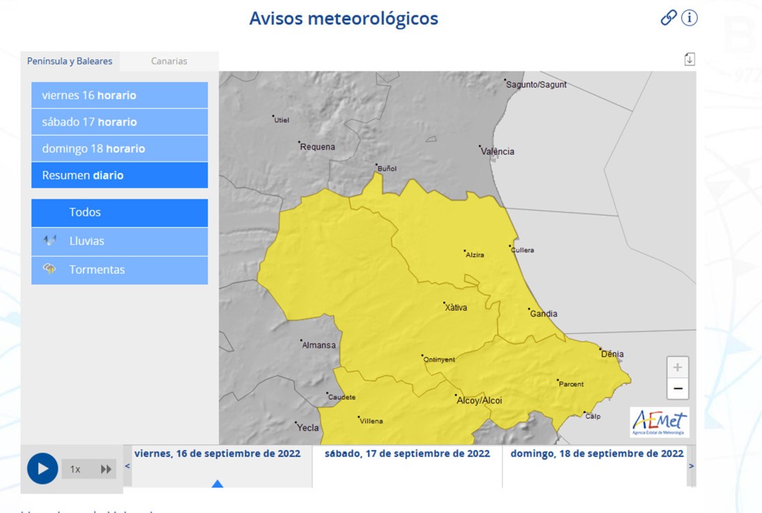 Aemet decreta el aviso por lluvias y tormentas hoy viernes en la Safor