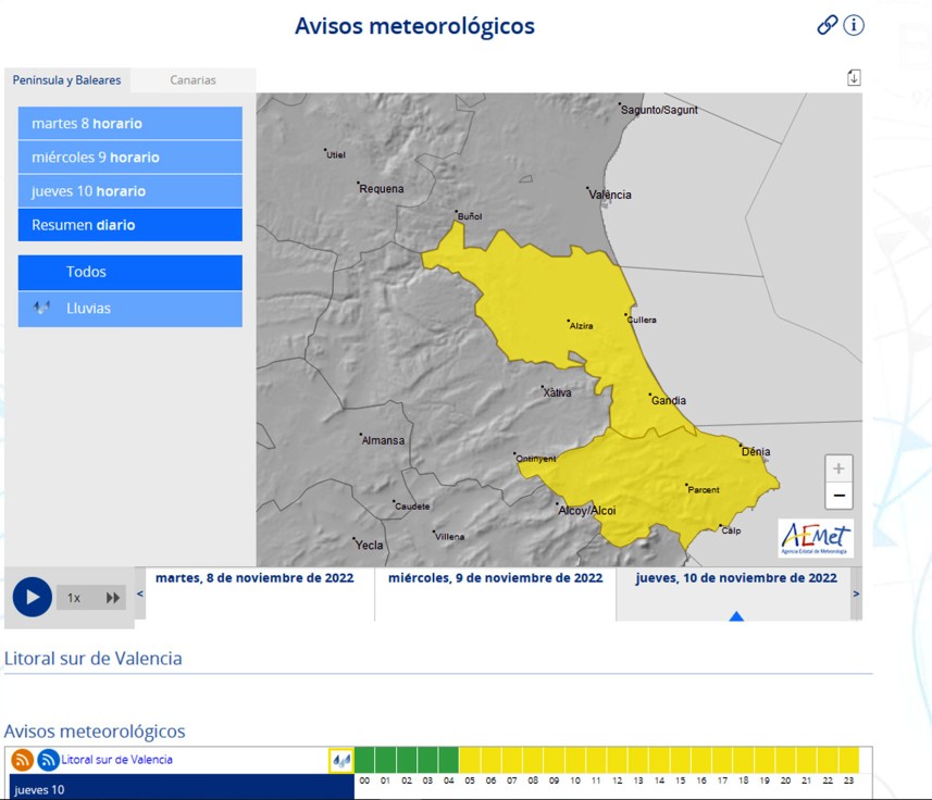 Aemet decreta la alerta por lluvias fuertes en la Safor para este jueves