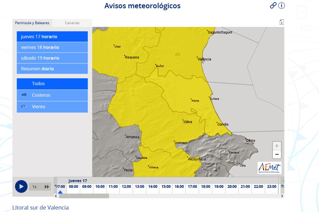 Alerta por fuertes rachas de viento hoy jueves en la Safor