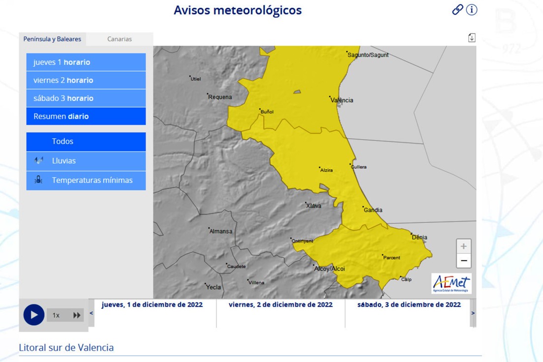 Alerta por lluvias hoy y mañana en la Safor