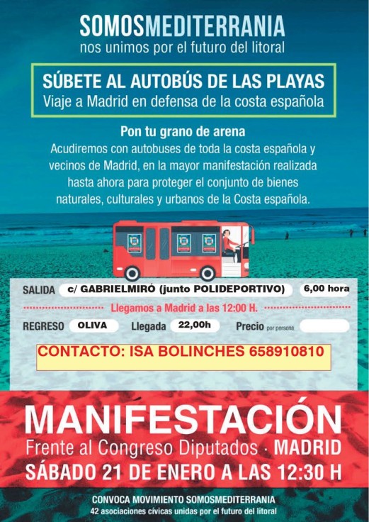 Oliva se suma mañana a la Manifestación en Madrid para la regeneración del litoral mediterráneo