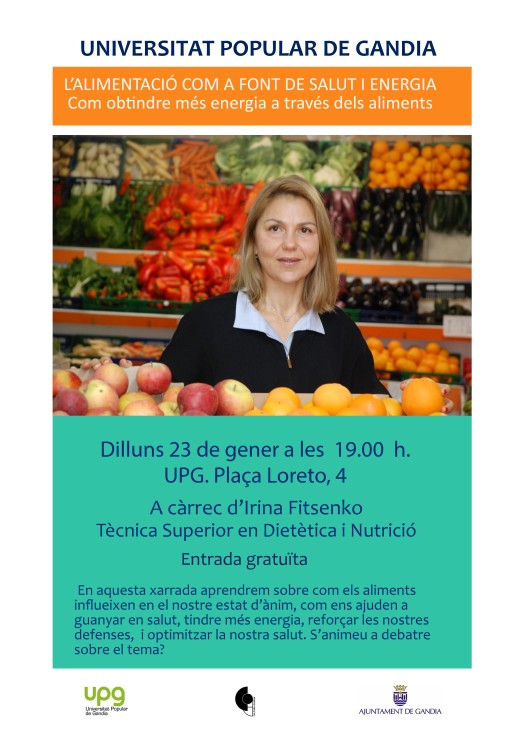 La Universitat Popular de Gandia acoge mañana una charla sobre alimentación y salud en abierto