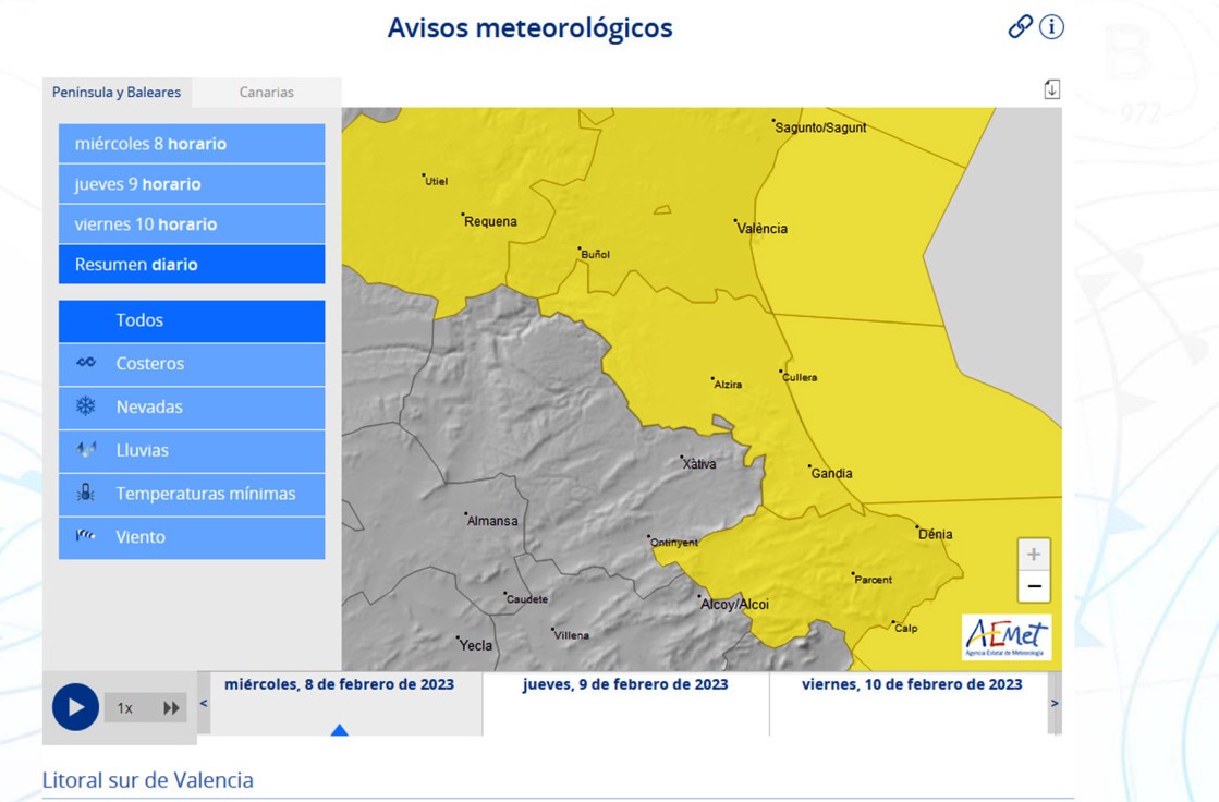Alerta hoy en la Safor por lluvias que pueden alcanzar los 60 litros en 12 horas