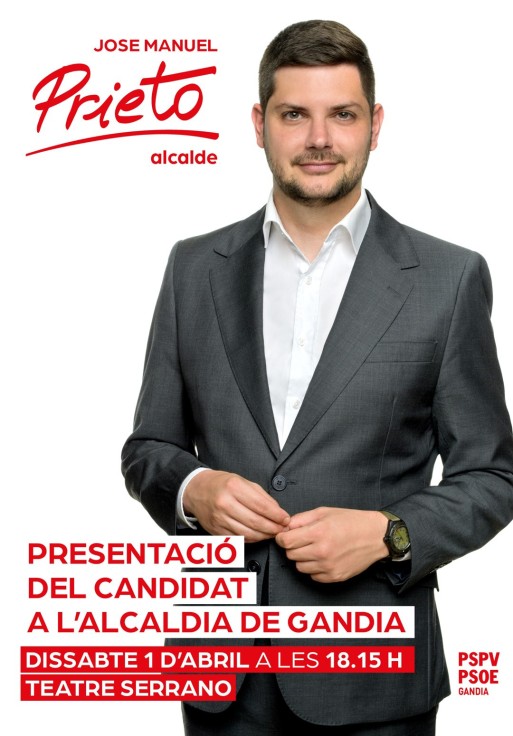 Prieto llevará a cabo mañana su presentación como candidato a la alcaldía de Gandia en un acto abierto a la ciudadanía