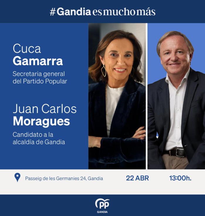Cuca Gamarra acude mañana a Gandia en apoyo de Juan Carlos Moragues como candidato a la alcaldía de Gandia