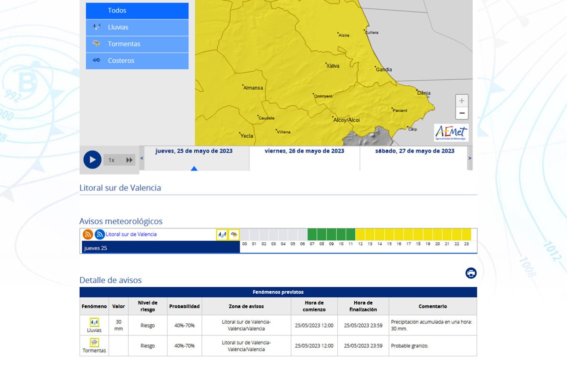 Alerta amarilla por posibles lluvias y granizo a partir del mediodía en la zona de la Safor
