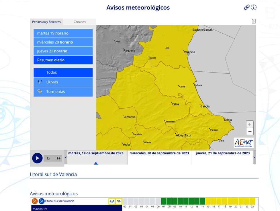 Alerta por lluvia y granizo en la Safor esta tarde y mañana miércoles